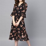 SASSAFRAS Black & Pink Floral Printed Wrap Dress