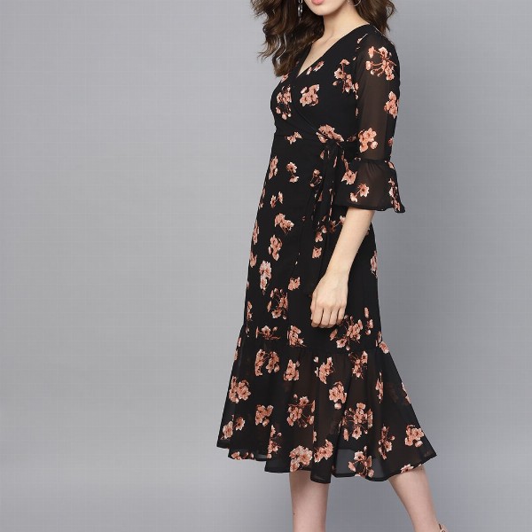 SASSAFRAS Black & Pink Floral Printed Wrap Dress