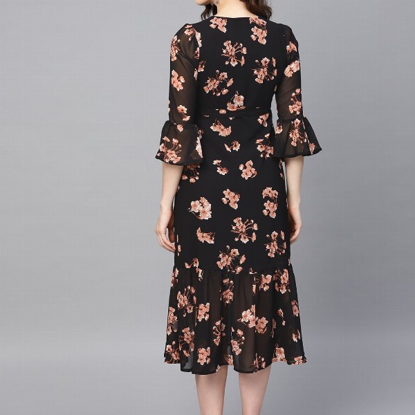 SASSAFRAS Black & Pink Floral Printed Wrap Dress