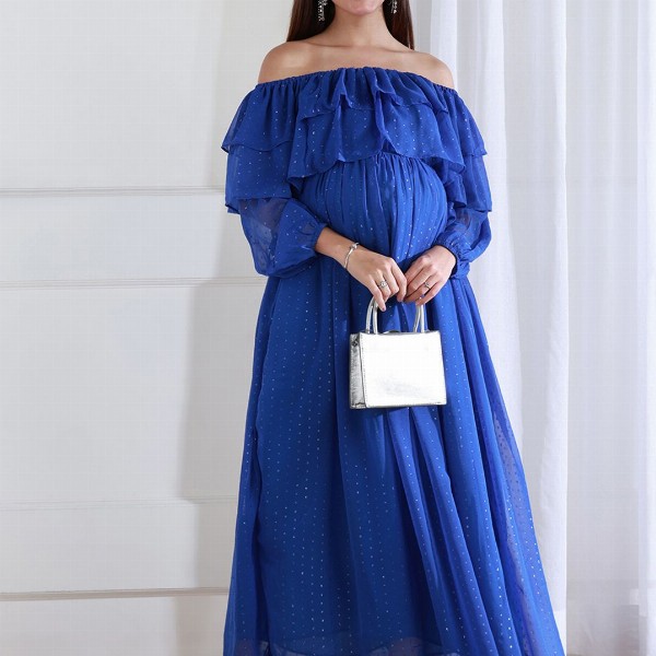 Shades of Sabi Women Off-Shoulder Puff Sleeve Ruffled Maternity Empire Dress