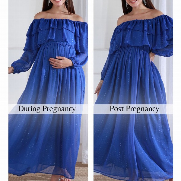 Shades of Sabi Women Off-Shoulder Puff Sleeve Ruffled Maternity Empire Dress