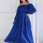 Shades of Sabi Women Off-Shoulder Puff Sleeve Ruffled Maternity Empire Dress