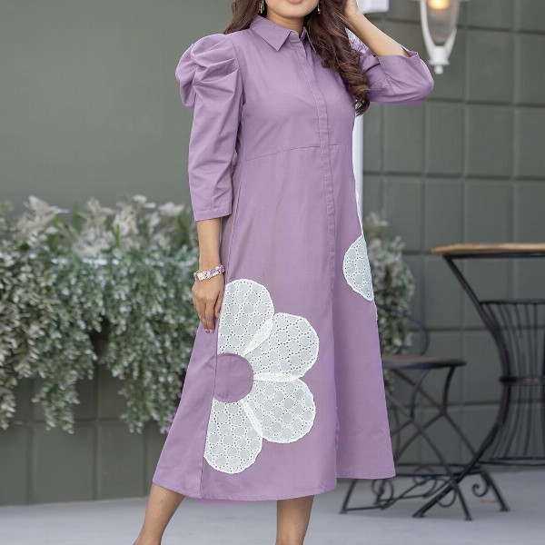WEAVLLITE Floral Puff Sleeve Applique A-Line Midi Dress
