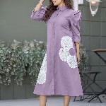 WEAVLLITE Floral Puff Sleeve Applique A-Line Midi Dress