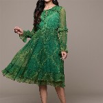 aarke Ritu Kumar Print Tie-Up Neck Puff Sleeve Ruffled Chiffon Fit & Flare Dress