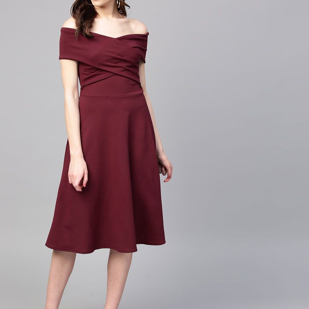 Athena Burgundy Off-Shoulder Pleated Fit & Flare Dress