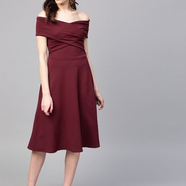 Athena Burgundy Off-Shoulder Pleated Fit & Flare Dress