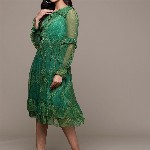 aarke Ritu Kumar Print Tie-Up Neck Puff Sleeve Ruffled Chiffon Fit & Flare Dress