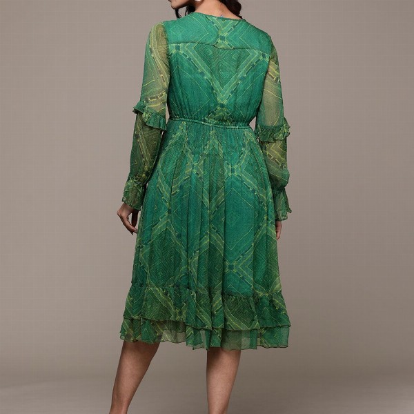 aarke Ritu Kumar Print Tie-Up Neck Puff Sleeve Ruffled Chiffon Fit & Flare Dress