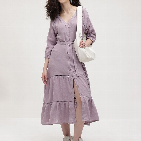 The Roadster Life Co. Pure Cotton Puff Sleeve Belted Tiered Midi Dress