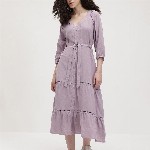 The Roadster Life Co. Pure Cotton Puff Sleeve Belted Tiered Midi Dress