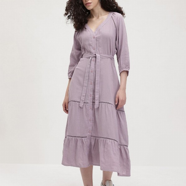 The Roadster Life Co. Pure Cotton Puff Sleeve Belted Tiered Midi Dress
