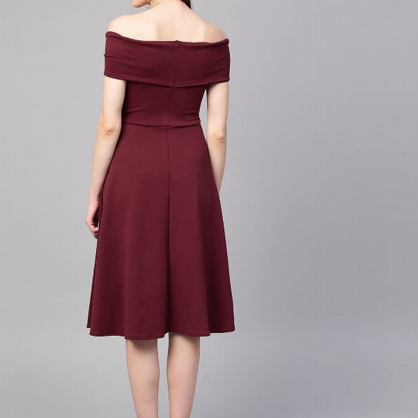 Athena Burgundy Off-Shoulder Pleated Fit & Flare Dress