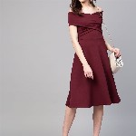 Athena Burgundy Off-Shoulder Pleated Fit & Flare Dress