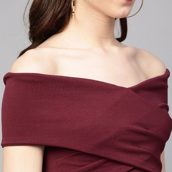 Athena Burgundy Off-Shoulder Pleated Fit & Flare Dress