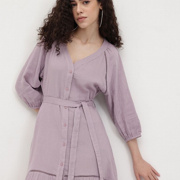 The Roadster Life Co. Pure Cotton Puff Sleeve Belted Tiered Midi Dress