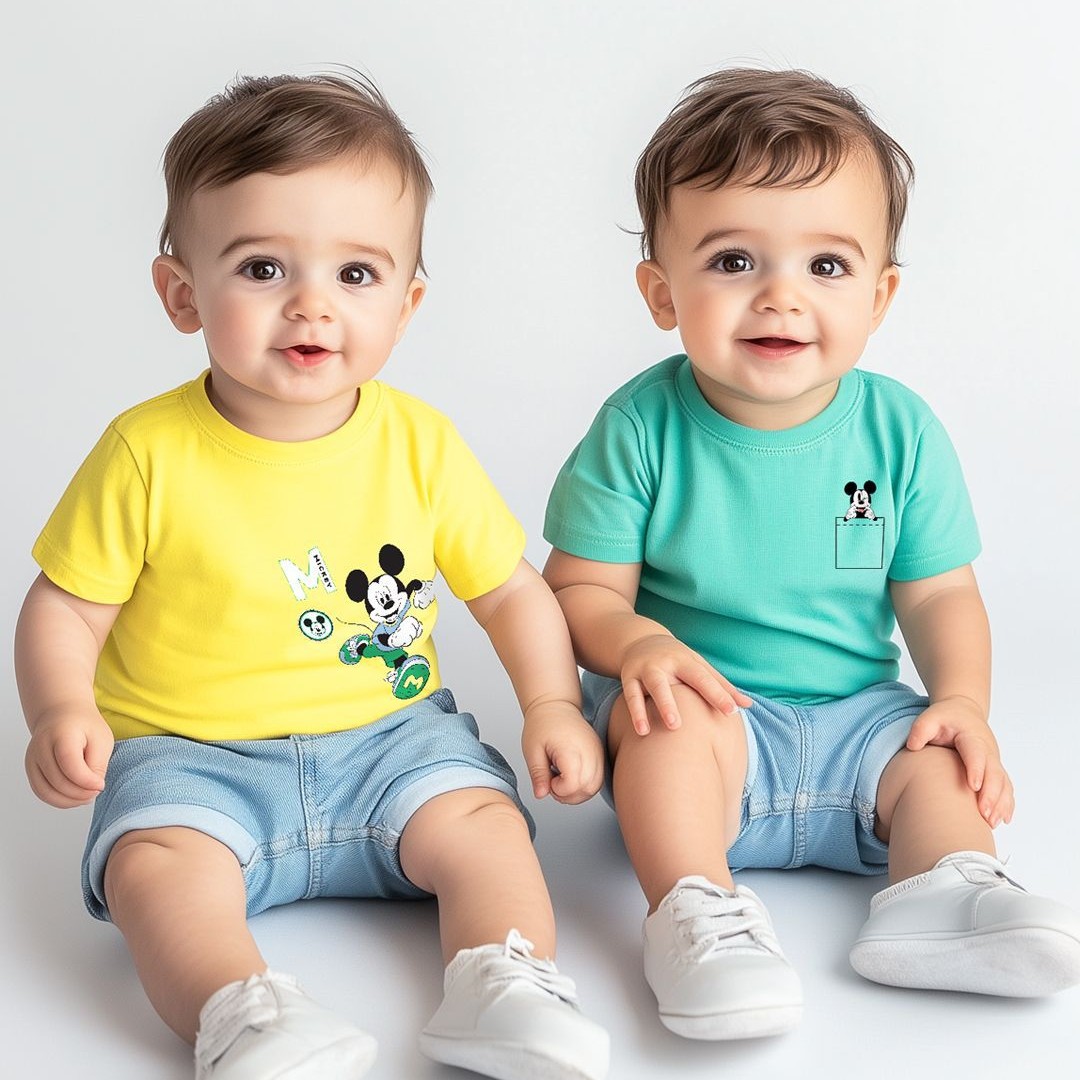 Nauti Nati Disney Boys Pack of 2 Mickey Mouse Printed Antimicrobial Jersey Cotton T-Shirts