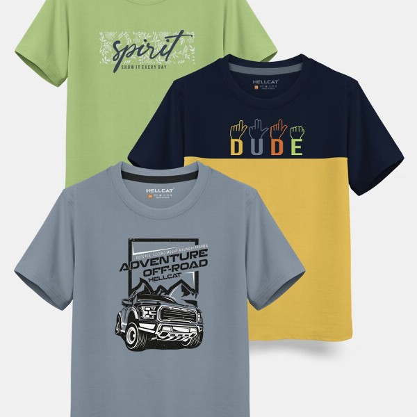 HELLCAT Boys Pack Of 3 Printed Cotton T-shirt