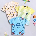 LITTLE NINJA Boys Pack of 3 Graphic Printed Round Neck Cotton T-shirts