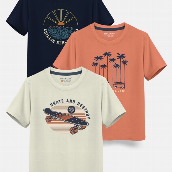 HELLCAT Boys Pack Of 3 Printed Cotton T-shirt