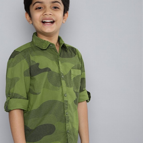 HERE&NOW Boys Olive Green Pure Cotton Printed Casual Shirt