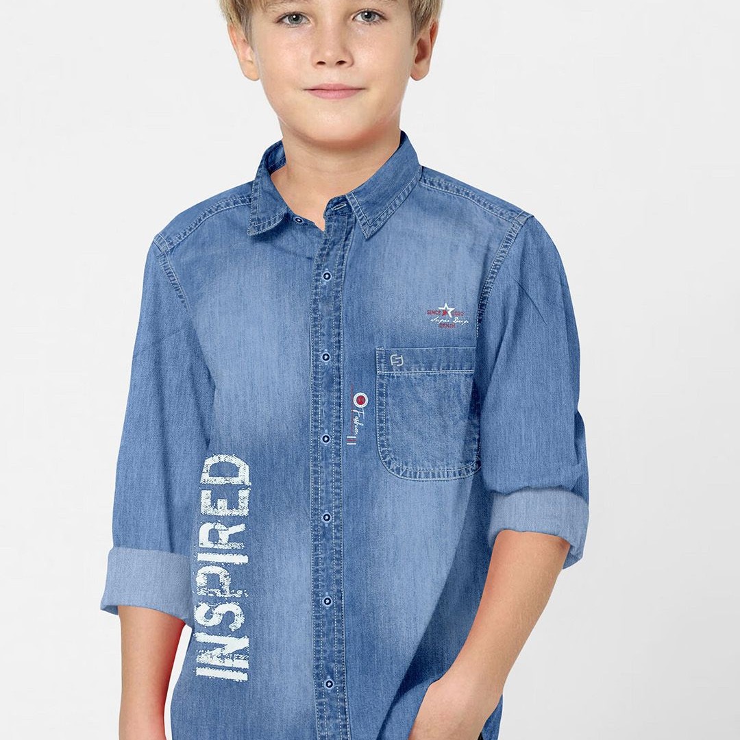 FABFARM Boys Classic Spread Collar Faded Denim Casual Shirt