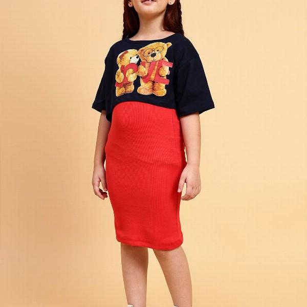 YK Girls Shoulder Straps Cotton Sheath Dress with Printed Crop Top