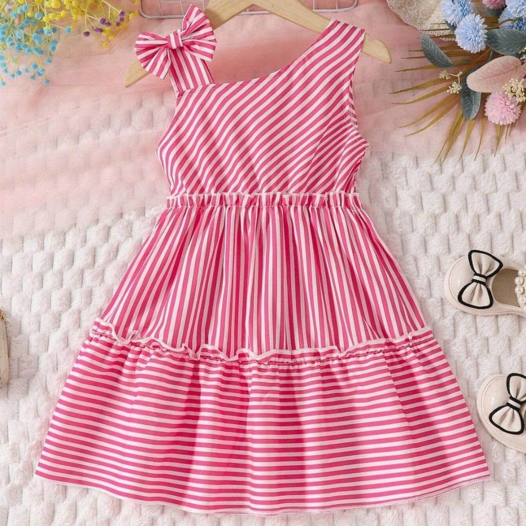 Miss & Chief Girls Striped One Shoulder Bow Cotton A-Line Dress