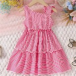 Miss & Chief Girls Striped One Shoulder Bow Cotton A-Line Dress