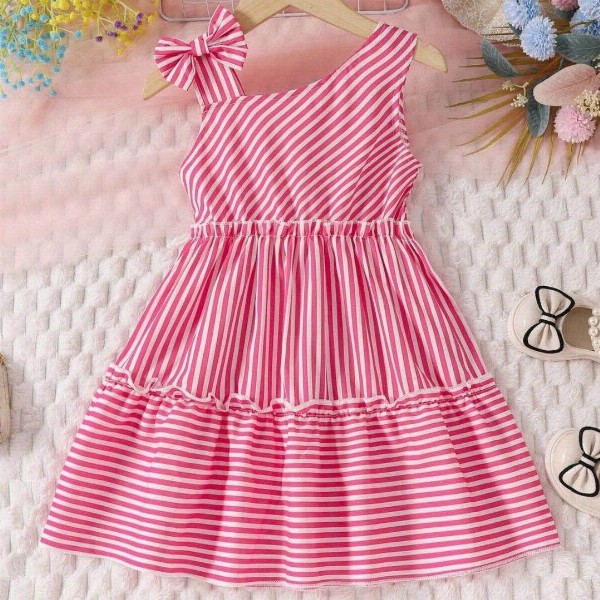 Miss & Chief Girls Striped One Shoulder Bow Cotton A-Line Dress