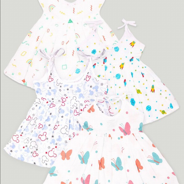 Kidbea Infant Girls Pack Of 4 Conversational Printed Round Neck Cotton Fit & Flare Dress