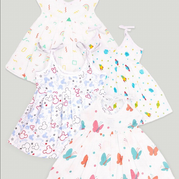 Kidbea Infant Girls Pack Of 4 Conversational Printed Round Neck Cotton Fit & Flare Dress