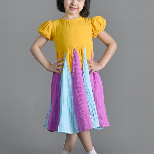 Nature Nook Kids Girls Colourblocked Puff Sleeve Fit & Flare Dress