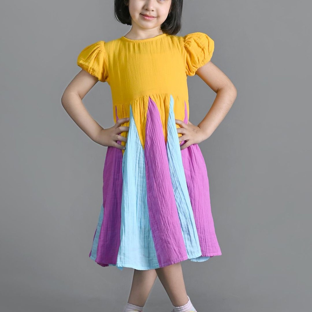 Nature Nook Kids Girls Colourblocked Puff Sleeve Fit & Flare Dress