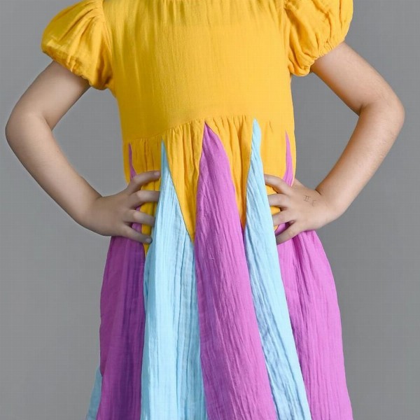 Nature Nook Kids Girls Colourblocked Puff Sleeve Fit & Flare Dress