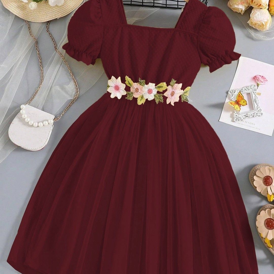 Miss & Chief Embellished Puff Sleeve Net A-Line Dress