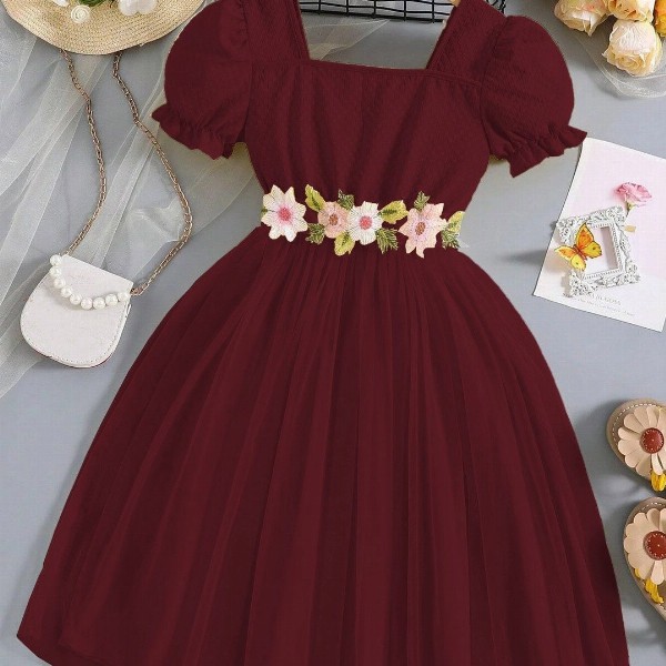 Miss & Chief Embellished Puff Sleeve Net A-Line Dress