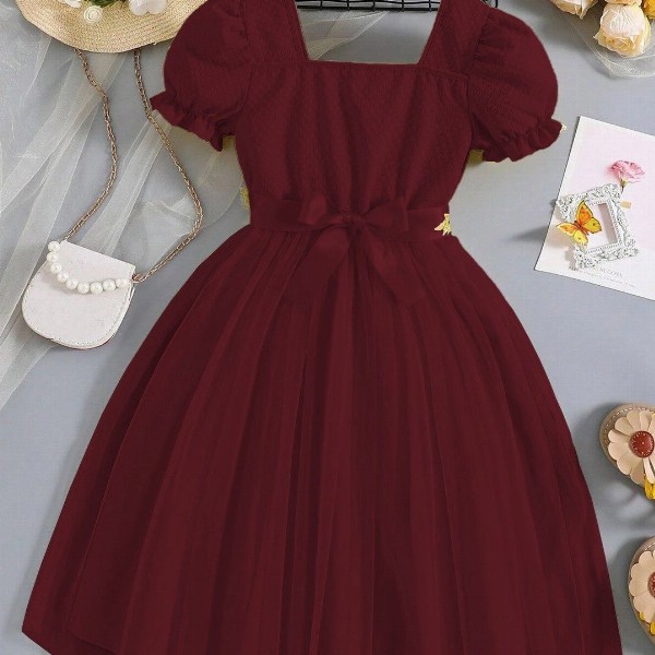 Miss & Chief Embellished Puff Sleeve Net A-Line Dress