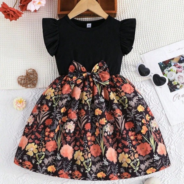 Miss & Chief Girl Floral Print Round Neck Flutter Sleeves Fit & Flare Dress