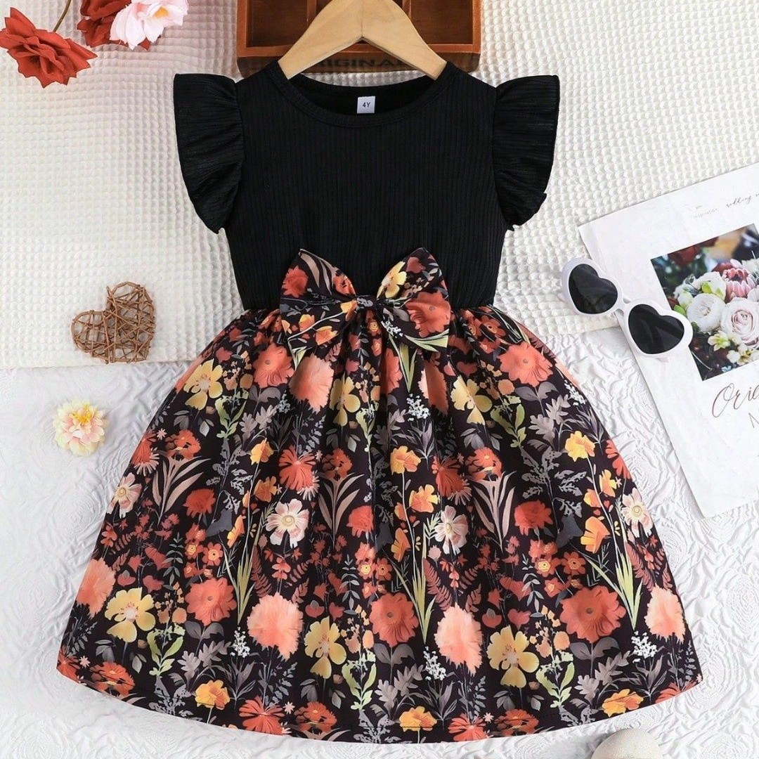 Miss & Chief Girl Floral Print Round Neck Flutter Sleeves Fit & Flare Dress