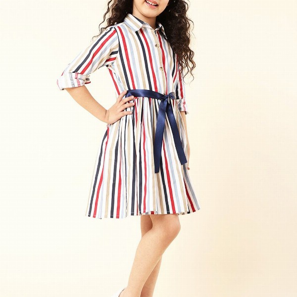 A T U N Multicoloured Striped Keyhole Neck Dress