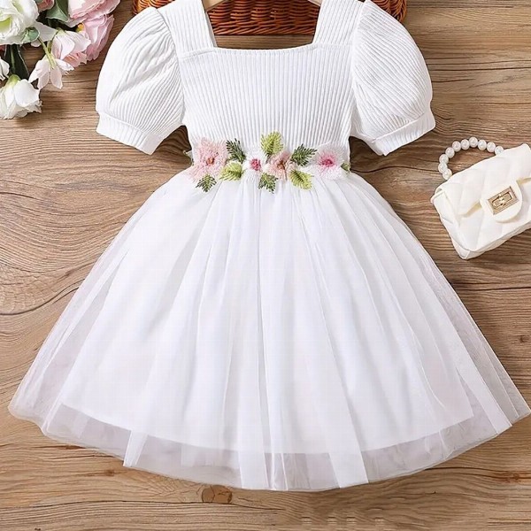 BAESD Girls Embellished Square Neck Short Puff Sleeve Net Fit & Flare Dress