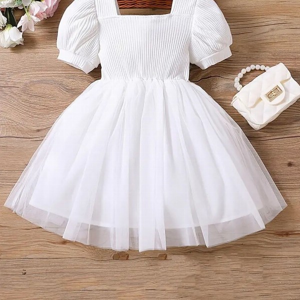 BAESD Girls Embellished Square Neck Short Puff Sleeve Net Fit & Flare Dress