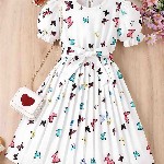 BAESD Girls Conversational Print Round Neck Puff Sleeves Cotton Fit & Flare Dress