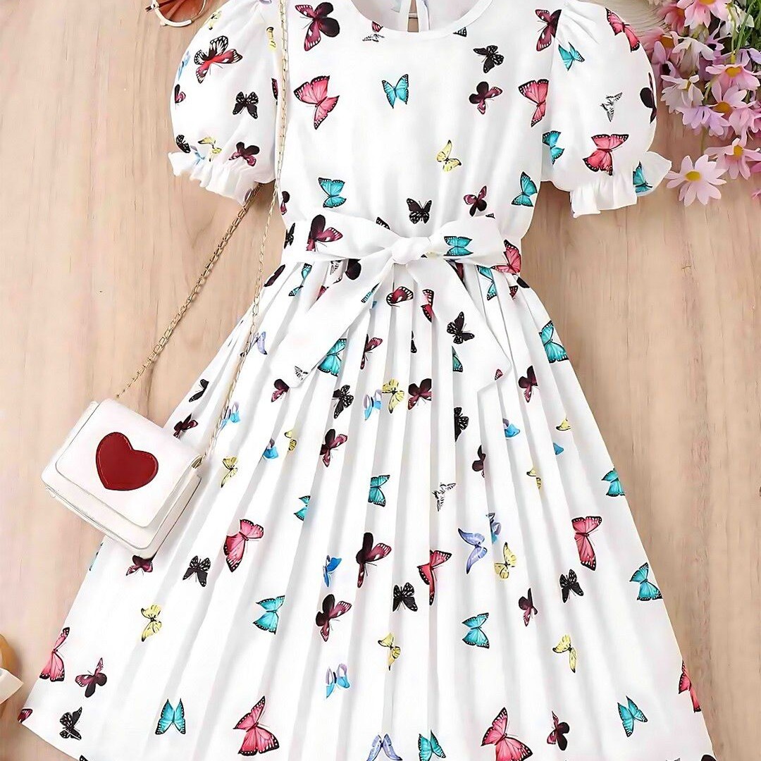 BAESD Girls Conversational Print Round Neck Puff Sleeves Cotton Fit & Flare Dress