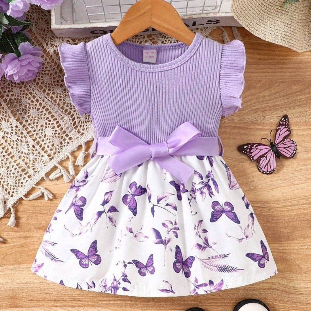 Miss & Chief Girls Printed Flutter Sleeves Fit & Flare Dress With Bow