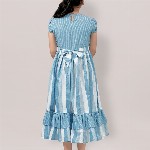 YK Girl Striped Square Neck Puff Sleeve Tiered Fit & Flare Midi Dress