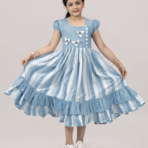 YK Girl Striped Square Neck Puff Sleeve Tiered Fit & Flare Midi Dress