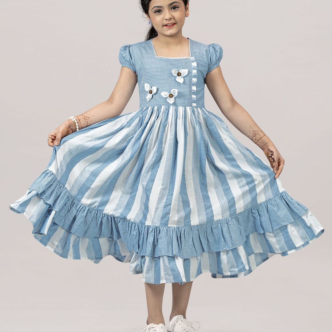 YK Girl Striped Square Neck Puff Sleeve Tiered Fit & Flare Midi Dress