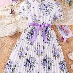 BAESD Girls Floral Printed Puff Sleeves Fit & Flare Dress